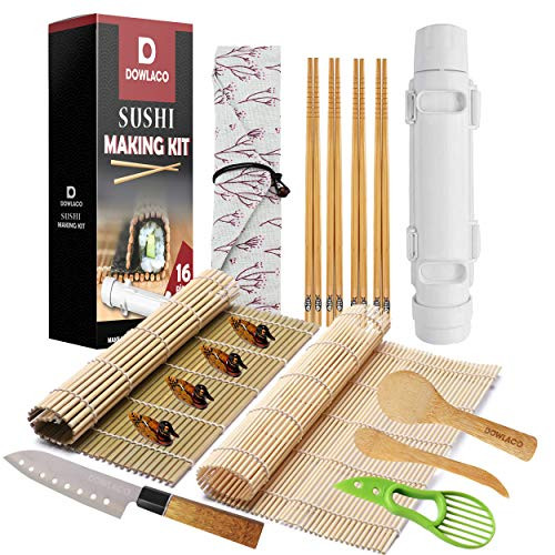 Sushi Making Kit For Home - All In One Sushi Roll Maker with Sushi Bazooka- Bamboo Rolling Mats- Knife- Chopsticks- Paddle- Spreader- Avocado Slicer - DIY Sushi Roller Machine For Beginners