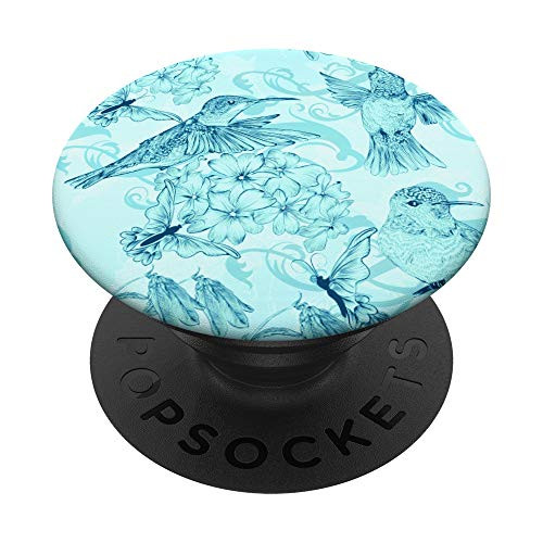 Birds Floral Print Hummingbird Teal Blue Butterfly Flowers PopSockets PopGrip- Swappable Grip for Phones  and  Tablets