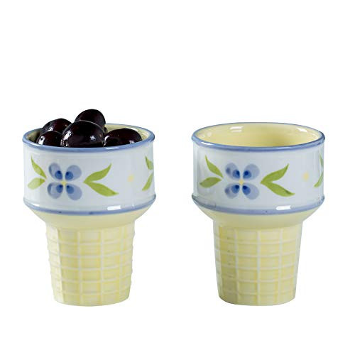 7.7 oz Ceramic Ice Cream Cup-Ice Cream Cone Dessert Bowls for Sundaes- Milkshakes- Parfaits- Set of Two -Blue Purple Flower-