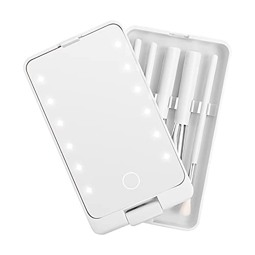 Travel Case for Makeup Brushes with LED Mirror - Buqikma Compact Brush Makeup with Light Foldable Touch Switch for Travel- Girls and Women -White-