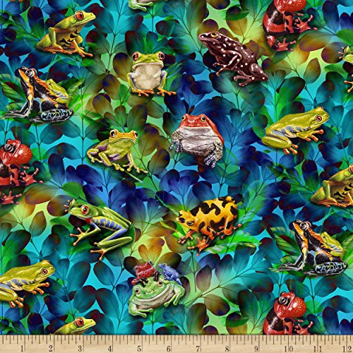 Studio E Fabrics Studio E Jewels of The Jungle Digital Frog and Foliage Fabric- Cerulean