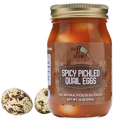 Green Jay Gourmet Spicy Pickled Quail Eggs in a Jar  Fresh Hand Jarred for Cooking  and  Pantry  Full Spicy Flavor - Simple Natural Ingredients - 16 Ounce Jar