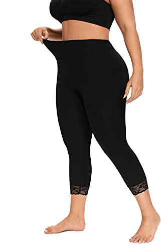 ELISS Women's Plus Size Modal Capri Leggings with Lace Trim Black X-Large