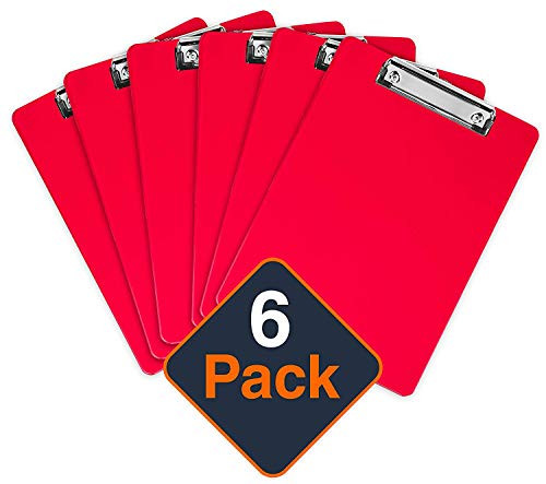 Plastic Clipboards (Set of 6) Multi Pack Clipboard (Red) Strong 12.5 x 9 Inch | Holds 100 Sheets! Acrylic Clipboards with Low Profile Clip | Cute Clip Boards Board Clips (Red)