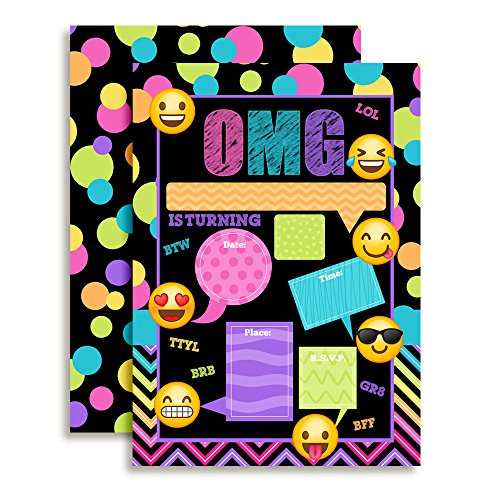 Emoji Texting Birthday Party Invitations, 20 5"x7" Fill in Cards with Twenty White Envelopes by AmandaCreation
