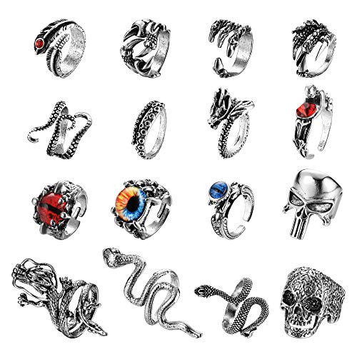 Fiasaso 16Pcs Vintage Punk Rings for Men Women Gothic Octopus Dragon Claw Snake Wolf Skull Rings Open Adjustable Rings Set Jewelry