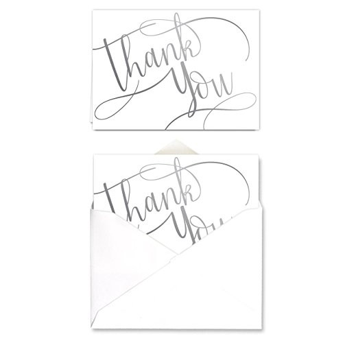 Silver Foil Thank You Note Card Pack - Set of 50 cards- blank inside - with envelopes