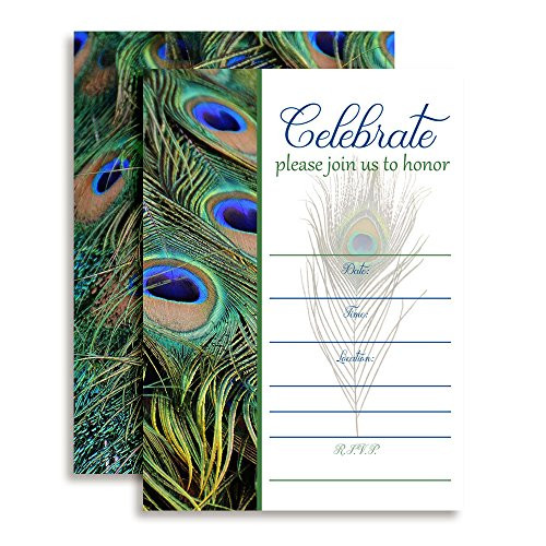 Amanda Creation Peacock Feathers Fill in Party Invitations, Set of 20 Including envelopes