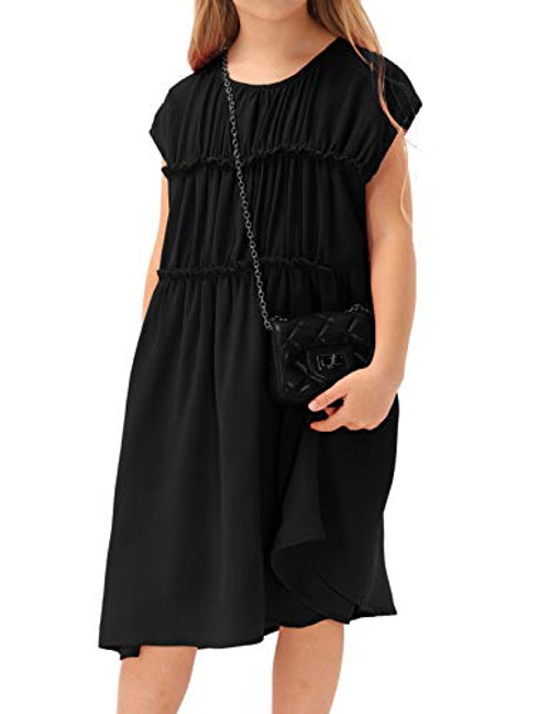 GRACE KARIN Girls Summer Dress Short Sleeve Kids Pleated Ruffle Midi Dress Black 6 Years