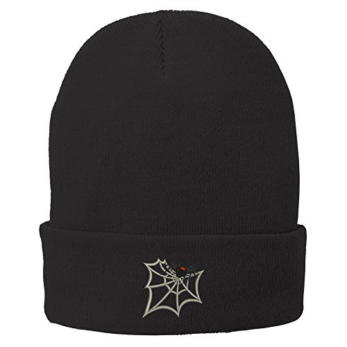 Trendy Apparel Shop Black Widow Spider Web Embroidered Winter Knit Long Beanie - Black