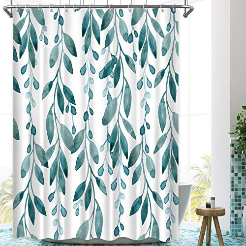 Green Eucalyptus Leaves Shower Curtain Watercolor Spring Botanical Plant Branch Bouquet Fabric Waterproof Shower Curtains for Bathroom- 72x72 inches
