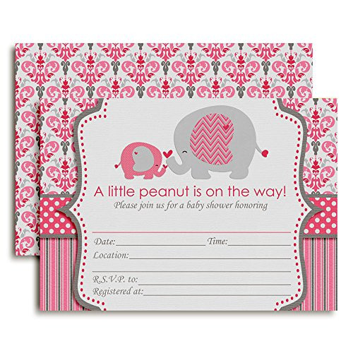 Pink Elephant Girl Baby Shower Invitations, 20 5"x7" Fill in Cards with Twenty White Envelopes by AmandaCreation