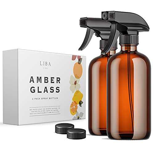 LiBa Amber Glass Spray Bottles 2 Pack- 16 oz Refillable Empty Spray Bottle for Cleaning- Essential Oils- Hair- Plants- Adjustable Nozzle for Squirt and Mist- Bleach/Vinegar/Rubbing Alcohol Safe