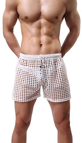 Linemoon Men's Mesh Shorts Sexy Lounge Hollow Boxer Underwear White- Medium