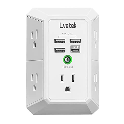 USB Wall Charger?Surge Protector 5 Outlet Extender with 4 USB Charging Ports - 1 USB C Outlet- 3 Sided 1680J Power Strip Multi Plug Outlets Wall Adapter Spaced for Home Travel Office ETL Listed