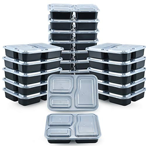 Plastic Meal Prep Containers- 3 Compartment 26oz 20 Pack- Reusable Food Storage Container with Lids Airtight- Food Prep Containers- Bento Lunch Togo Box- Disposable Freezer Meal