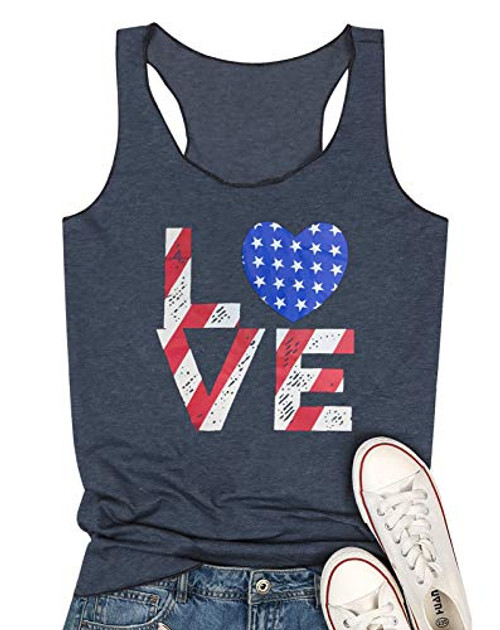 Love Heart Flag Tank Top American Tee Fourth of July Tank Tops Womens Patriotic Clothes -M- Blue- Love Heart Flag Tank Top American Tee Fourth of July Tank Tops Womens Patriotic Clothes -M- Blue-
