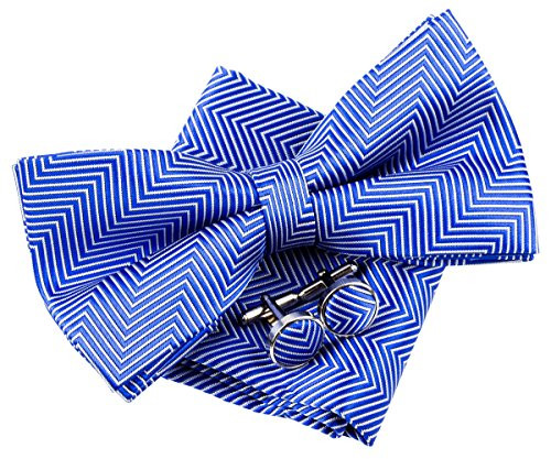 Retreez Herringbone Stripe Woven Pre-tied Bow Tie -5inch- with matching Pocket Square and Cufflinks- Gift Box Set as a Birthday Gift - Royal Blue