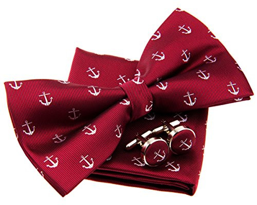 Retreez Classic Anchor Pattern Woven Microfiber Pre-tied Bow Tie -Width- 5inch- with matching Pocket Square and Cufflinks- Gift Box Set as a Birthday Gift - Burgundy