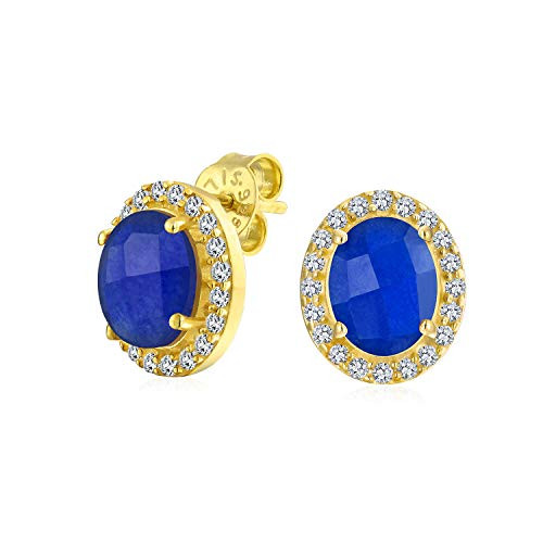 2.3CT Pave CZ Halo Created Blue Sapphire Oval Stud Earrings Women 14K Gold Plated .925 Sterling Silver September Birthstone