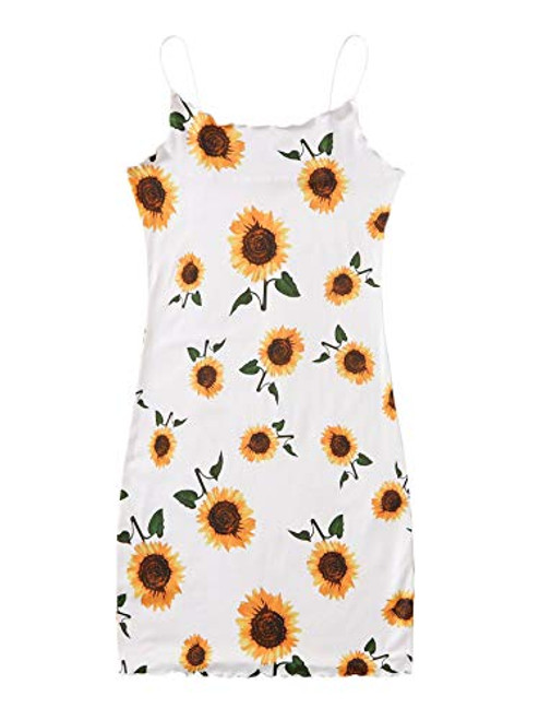 Verdusa Women's Sleeveless Spaghetti Strap Floral Print Cami Bodycon Dress White Floral L