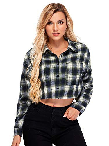 Milumia Women Plaid Drop Shoulder Long Sleeve Crop Tops Button Front Collared Blouse Shirts Navy and Green X-Small