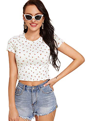 SweatyRocks Women's Basic Crop Top Short Sleeve Round Neck Tee T-Shirt Ditsy Floral L