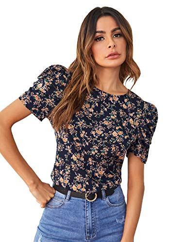 Romwe Women's Boho Floral Print Puff Short Sleeve Round Neck Work Blouse Tops Navy L