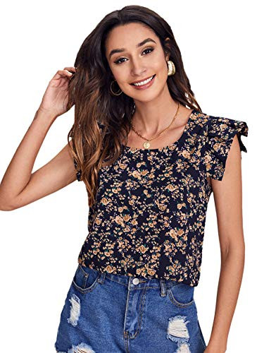 Romwe Women's Floral Print Ruffle Cap Sleeve Round Neck Work Blouse Tops Navy Blue M