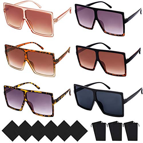 URATOT 6 Pieces Oversized Square Sunglasses Big Sunglasses Black Flat Top Fashion Shades Sunglasses for Women Men