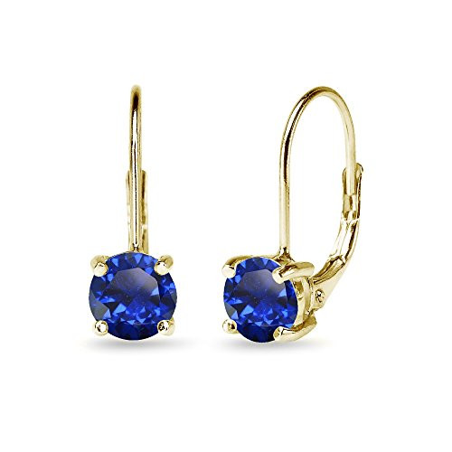 Yellow Sterling Silver 6mm Round-Cut Created Blue Sapphire Leverback Earrings