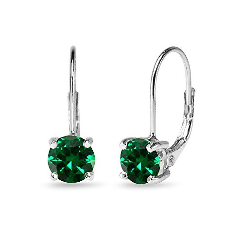 Sterling Silver 6mm Round-Cut Created Emerald Leverback Earrings