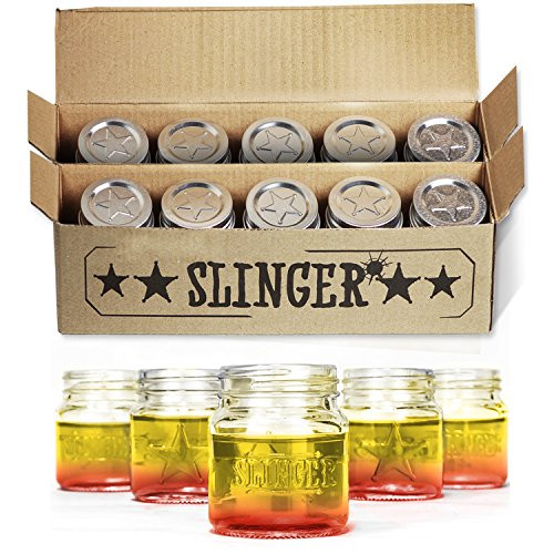 THE SLINGER Shot Glasses Set - Mini Mason Jars with Lids Featuring Unique Star Design -10 Pack-