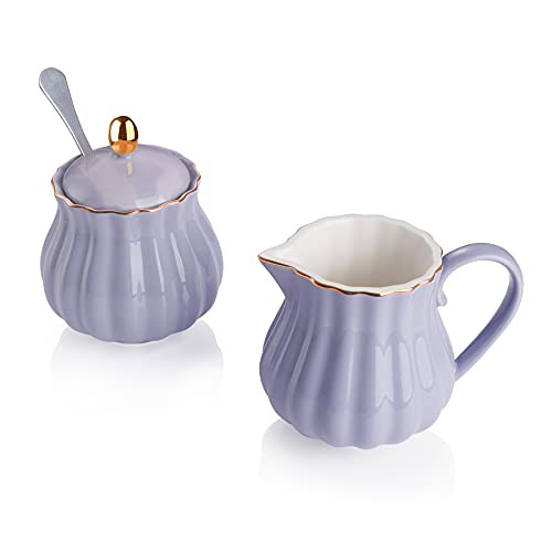 Amazingware Royal Porcelain Creamer and Sugar Set- 3 Piece Set with Cream Pitcher- Sugar Bowl- Sugar Set with Lid  and  Spoon- Coffee Serving Set Wedding Gift - Purple