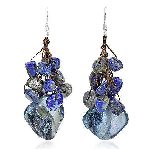 Blue Mother of Pearl and Simulated Blue Lapis-Lazuli Cluster .925 Sterling Silver Dangle Earrings Blue Mother of Pearl and Simulated Blue Lapis-Lazuli Cluster .925 Sterling Silver Dangle Earrings