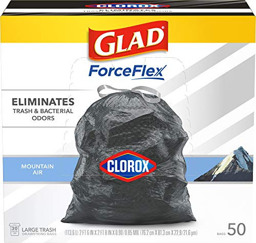 Glad Large Drawstring Trash Bags ForceFlex with Clorox- 30 Gallon Black Trash Bags- Mountain Air 50 Count -Package May Vary-