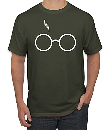 Wild Bobby Wizard Glasses Scar White Pop Culture Men's Graphic T-Shirt- Military Green- Large