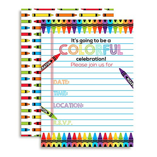 Amanda Creation Colorful Rainbow Crayons Themed Birthday Party Fill in Invitations, Set of Twenty, Includes envelopes