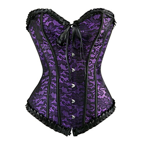 Womens Plus Size Corset Gothic Lace Trim Waist Cincher Overbust Bustier Lingerie Burlesque Costume 5X-Large Purple