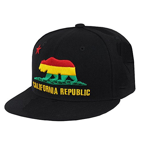 WHANG California Republic Flat Bill Snapback -Black with Rasta Bear-