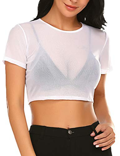 ADOME Short Sleeve Crop Top Mesh White Crop Top See Through Sheer Tee Shirt -White-XL-