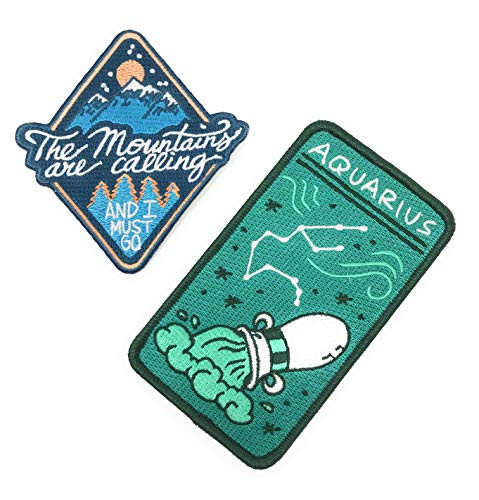 O'Houlihans - Iron On Patches Patch Set - Aquarius Zodiac Sign & The Mountains are Calling and I Must Go Morale Patches - 2 Pack of Premium Quality Embroidered Patches