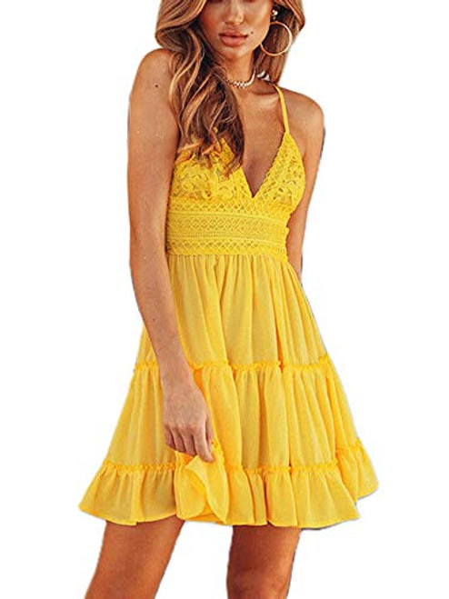 REDWOON Womens Sexy Lace Mini Swing Skater Dress V-Neck Sleeveless Hem Backless Short Beach Party Club Dresses -7 Yellow- L- REDWOON Womens Sexy Lace Mini Swing Skater Dress V-Neck Sleeveless Hem Backless Short Beach Party Club Dresses -7 Yellow- L-