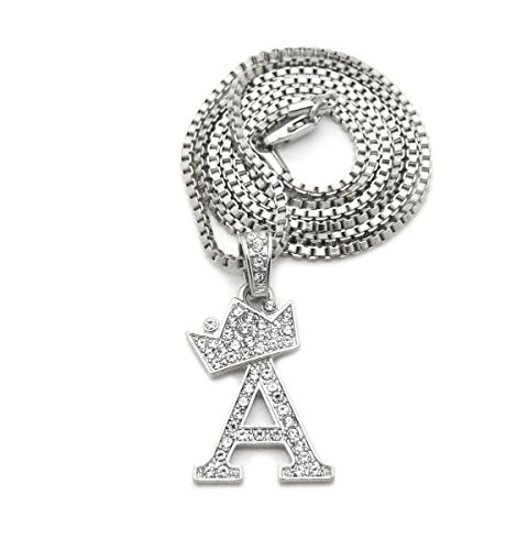 Unisex Small Size Pave Crown Tilted Initial Alphabet Letter Pendant 2mm 24inch Box Chain Necklace in Gold- Silver Tone -A - Silver Tone-