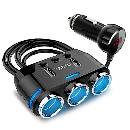Cigarette Lighter Adapter 3 Socket Cigarette Lighter Splitter with LED Voltage Display Dual USB Car Charger On/Off Switches 12V Car Splitter Adapter with Replaceable Fuse (Black)