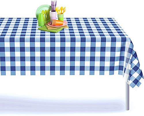 Blue Gingham Checkered 6 Pack Premium Disposable Plastic Picnic Tablecloth 54 Inch. x 108 Inch. Rectangle Table Cover by Grandipity