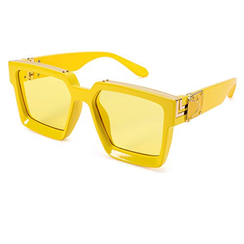 Thick Frame Square Sunglasses for Men Women Retro Sun Glasses UV400 Protection Fashion Trendy Style -Yellow Frame/Yellow Lens-