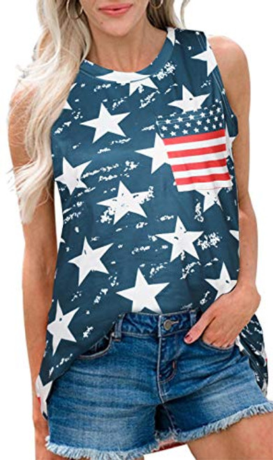 MOUSYA Women American Flag Tank Tops 4th of July Tee Summer Loose Sleeveless Country Patriotic USA T Shirts Blue