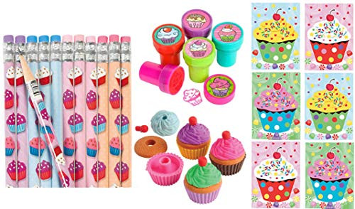 Nikki's Knick Knacks 48 Piece Sweet Treat Cupcake Party Favor Set- Pencils, Erasers, Stampers, and Stickers