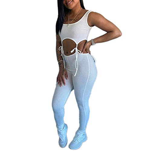 ECHOINE Womens Sexy Bandage Bodycon Jumpsuit - Sleeveless Hollow Out Straps Long Pants Sets Romper Clubwear White